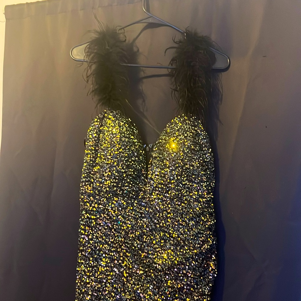Sequence Dress with Feather Straps and a high slit